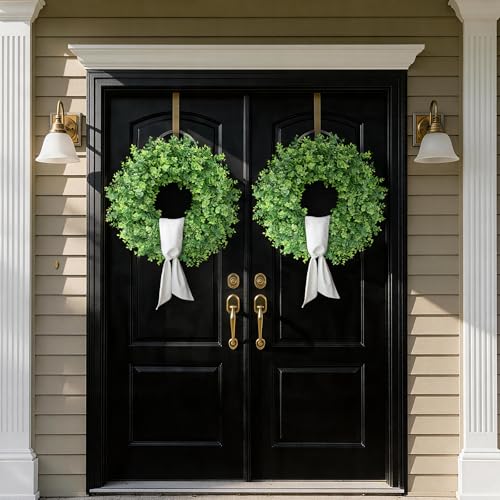 Image of 26 inch Artificial Eucalyptus Wreath with Sash for Front Door Decor(Green) | Faux Large Greenery, UV-resistant, for Porch /Window /Wall /Farmhouse /Home /Outdoor /Spring /Summer /All Seasons Decor