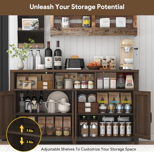 Buffet Sideboard with Storage Farmhouse with 4 Doors, 55'' Large Kitchen Storage Cabinet Wood Coffee Bar Cabinet Buffet Table with Shelves for Kitchen, Dining Room, Entryway (Brown, 55in) - Image 4