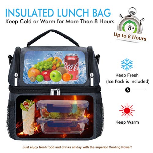 Lunch Box, STNTUS Lunch Bag, Insualted Lunch Box for Men Women, Leakproof Cooler Bag with Ice Pack, Adult Lunchbox for Meal Prep, Large Lunch Tote with Dual Compartment, Outdoor Lunch Cooler (Black)