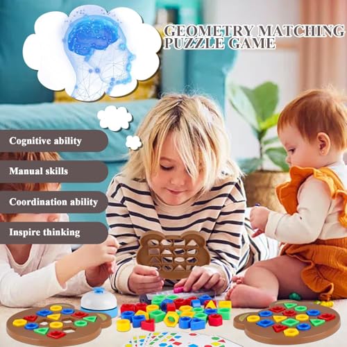 Image of WISHKEY Geometric Shape Matching Board Game for Kids 3-5 Years with Bell - Color Sorting, Shape Recognition Puzzle, Brain Development Educational Toy with 30 Cards & 32 Blocks for Preschool Learning