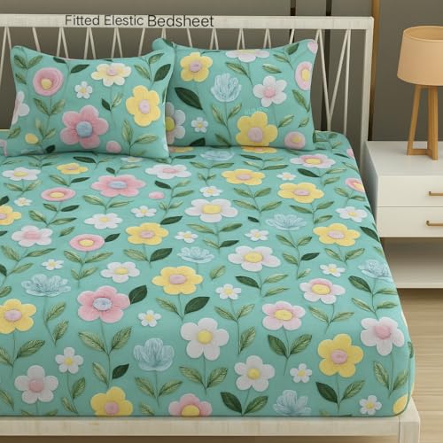 Image of RUMPS 380 TC Premium Heavy Cotton 7D Print Fast Colour Feel Elastic Fitted Floral Bedsheet King Size with 2 Pillow Covers || (Light Green, Fitted - 72 inchx78 inch King)