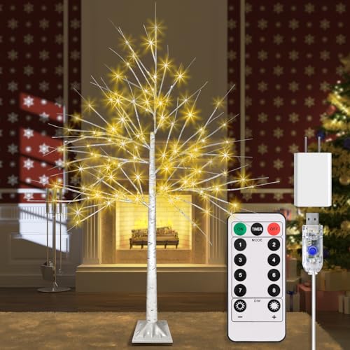 Árbol de abedul LED de 4 pies con 96 luces de color blanco cálido con luz LED con 8 modos de intermitente y temporizador de árboles LED regulables para...