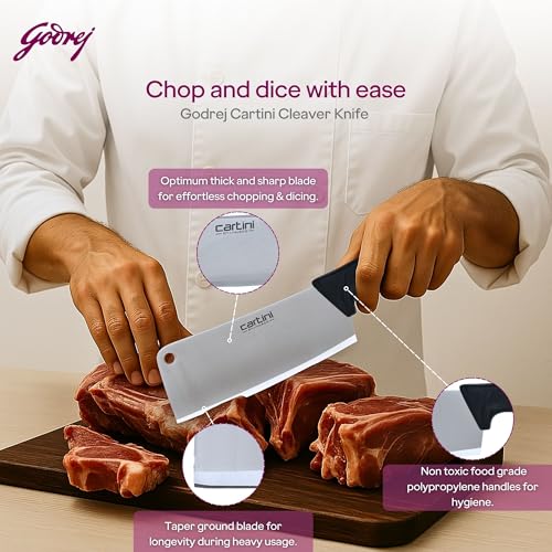 Image of Godrej Locks Cartini | Cleaver Knife (Black) | Chopping and Splitting Bones Efficiently | Chaku for Home, Kitchen and Professional Chef Use | SS Hollow Ground Blade | Ergonomic Handle|Stainless Steel