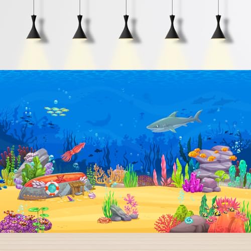 Image of Underwater Cartoon Landscape Aquarium Background Adventurous Sea Scene Shark Sunken Boat Squid Fish Shoal Terrarium Background Deep Blue Sea Marine Life Game Level Fish Tank Backdrop Vinyl 72x24in