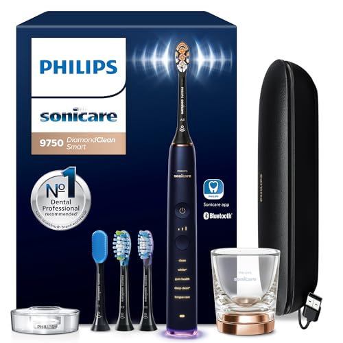 Philips Sonicare DiamondClean Smart 9750 Electric Toothbrush - Sonic Toothbrush with App, Pressure Sensor, 15 Brushing Settings, Replacement Reminder, USB Charging Travel Case, Lunar Blue, HX9954/74