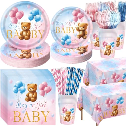 Image of Funnymoom 452 Pcs Bear Themed Gender Reveal Party Decorations for 50, Boy or Girl Gender Reveal Paper Plates Napkins Cups Tablecloth Cutlery Straws for Pink Blue Baby Shower Party Supplies