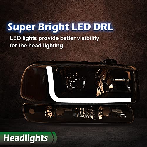 Image of GRAND ORANGE LED DRL Headlights W /Bumper Signal Lamps, Compatible with 1999-2007 GMC Sierra 1500 / Fit 1999-2006 GMC Yukon XL 1500 2500 Clear Lens Black Housing Amber Reflector faros delanteros