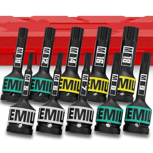 Aurlloct Douilles à Impact XZN 1/2’’, Jeu de 10 Douille Embout XZN, M5 - M18 XZN à Choc, Convient pour Les Bricoleurs, Voitures, Vélos et Outils...