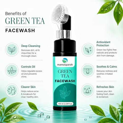 Image of Green Tea Face Wash with Silicone Brush Applicator | Deep Cleansing Face Wash for Oily & Combination Skin | Gentle Foaming Cleanser for Men & Women | Removes Dirt, Excess Oil & Impurities | 150 ml