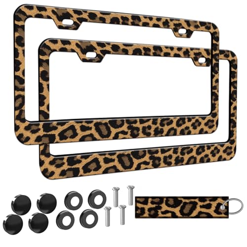 2pcs Brown Cheetah Leopard Print License Plate Frame for Women Cheetah Leopard Brown car Decorative tag Frames Girly Animal License Plate Cover Holder for Vehicle with car Keychain tag