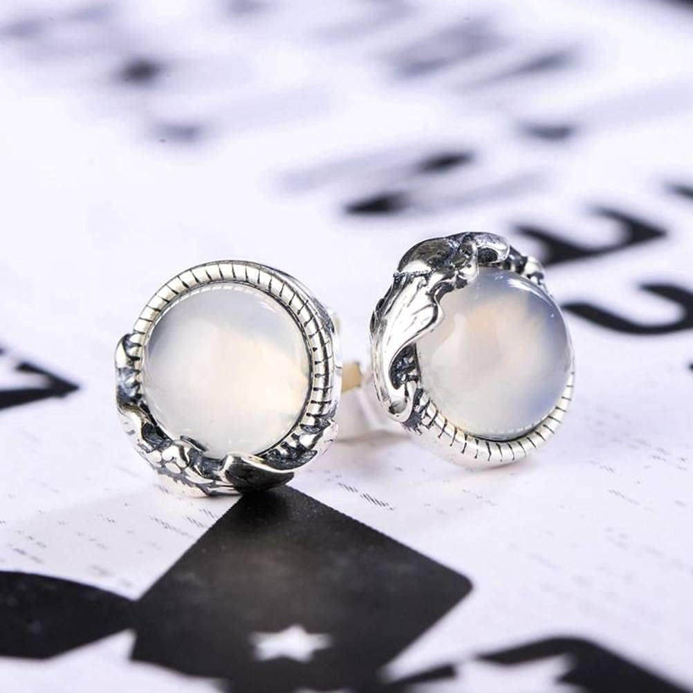Ears925 Sterling Silver Retro Thai Silver Simple Temperament Bat White Chalcedony Female Ear Stud/White