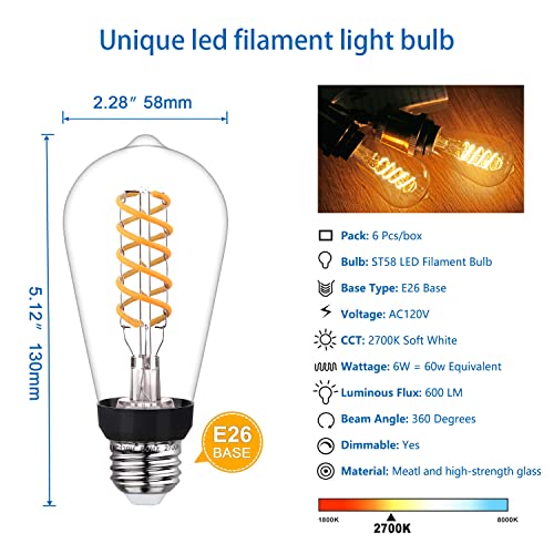Myemitting Vintage Led Edison Bulb, St19 6W Led Bulbs 60 Watt Equivalent, Led Dimmable 600Lm Antique Flexible Spiral Led Filament Light Bulb, 2700K Warm White 80+ Cri, Clear Glass E26 Base 6 Pack #TOP1