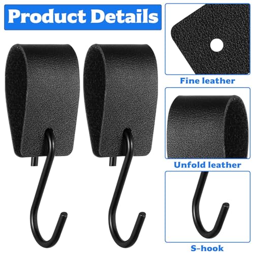 10 Set S Haken mit Lederschlaufe Schwarz, S Haken zum Einhängen mit Lederschlaufe, Metallhaken zum Einhängen, Keiderhaken für Stange, Kleiderstange, Garderobenhaken, Camping, Fleischerhaken