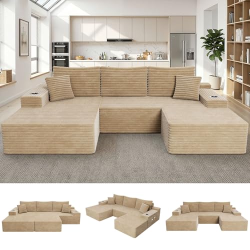 Image of 106 inch Cloud Sectional Couch with Ottoman, Modern U Shaped Corduroy Sofa, Higher 17.7 inch Seat Height, 32D Pure Foam, Built in Cup Holders, No Assembly Required (Camel, Left Facing Chaise)