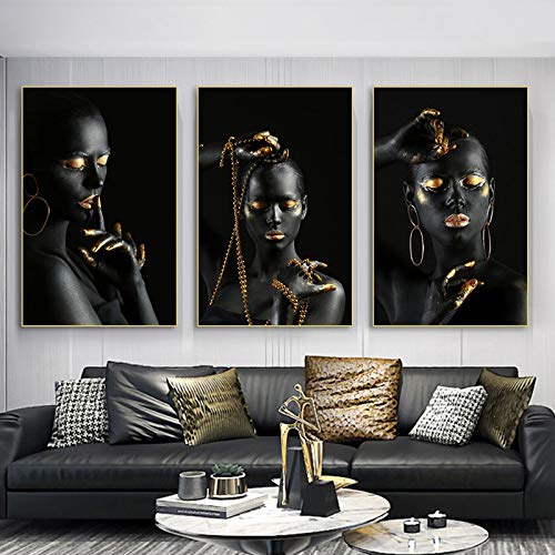 Tableau femme noire lèvre et doigt d'or 3 pièces 40x60cm pour salon chic
