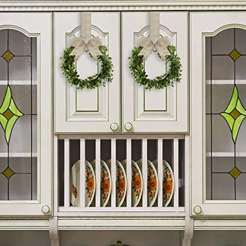 2 Pieces Faux Kitchen Cabinet Wreaths Boxwood Wreaths With Ribbon Artificial Green Leaves Wreaths Decorative Hanging Wreaths For Cabinet Wall Window Front Door Decors (Natural, Burlap) #TOP4