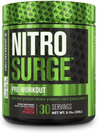 NITROSURGE Pre Workout Supplement - Endless Energy, Instant Strength Gains, Clear Focus, Intense Pumps - Nitric Oxide Booster & Powerful Preworkout Energy Powder - 30 Servings, Fruit Punch