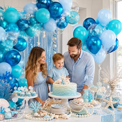 Image of Blue Ocean Balloons, 50Pcs 12 Inch Teal Metallic Latex for Summer Party | Maca Blue Teal Balloons for Ocean Beach Summer Pool Baby Shower Wedding Under the Sea Kid's Birthday Party Decor