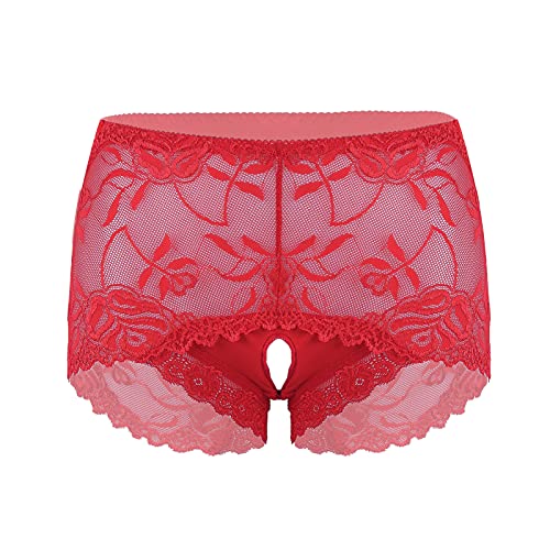 IEFIEL Tangas Abiertas para Hombre Sissy Ropa Interior Slip Sexy Bóxer Encaje Transparente G-String Slips Eróticas Calzoncillos Rojo L Cover