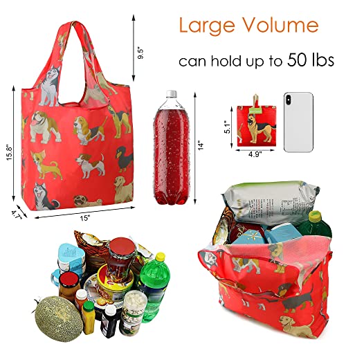 Beegreen Cute Dog Pattern Reusable Foldable Grocery Bags Reusable Shopping Bags Washable 6 Pack Xlarge 50Lbs Sturdy Polyester Fabric Shopping Bags For Groceries Eco-Friendly Reusable Bags #TOP1