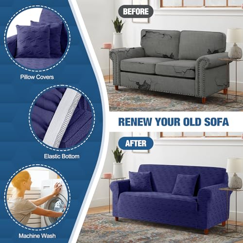 Image of TAOCOCO Loveseat Sofa Cover, 1Piece Couch Cover for 2 Cushion Sofa Washable Loveseat Slipcover with 2PCS Throw Pillow Covers, Jacquard Furniture Protector for Pets Dog(2 Seater,Dark Blue)