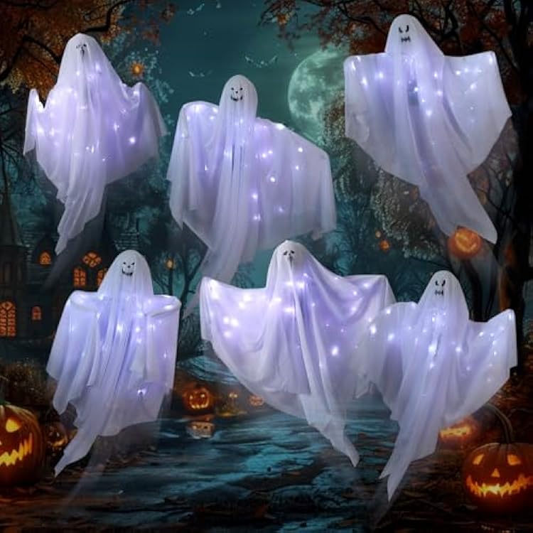 6 Pack Halloween Hanging Ghost Decorations with Lights, 27.5 Inch LED Light-Up Spooky Ghosts Indoor Outdoor Ornaments, Halloween Flying Hanging Ghosts for Haunted House Prop, Front Yard Patio Party