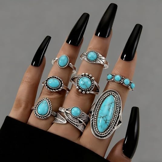 coadipress 16 Pieces Bohemian Jewelry Set for Women Fashion Boho Turquoise Necklace Bracelet Ring Earrings Jewels Western Turquoise Jewelry Set image 5