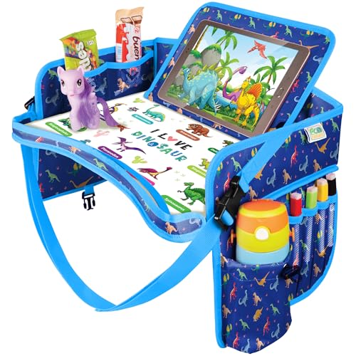 ECOFANTASY Kids Travel Tray - Waterproof Car Table with No-Drop Large Tablet Holder - Car Seat Tray - Road Trip Must Haves - Lap Desk Kids Organizer for Airplane - Toddler Travel Activities (Blue)