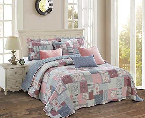 PRIME LINENS Luxury Quilted Patchwork Bedspread Bed Throw 3 Piece Bedding Set Includes Comforter & 2 Pillow Shams Floral Design Coverlet Embroidered (Fine Décor, King)