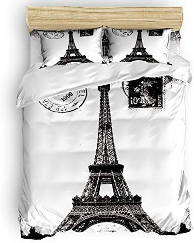 Duvet Cover Set Full Size, 4 PCS Bedding Comforter Cover Set, Polyester Microfiber Duvet Cover with Pillowcase, Zipper Closure/Corner Ties, Black White Postage Stamp Retro French Paris Eiffel Tower