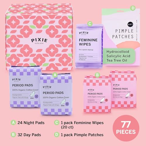 Image of Pixie Organic Cotton Pads for Teens and Tween Girls with Wings, 56 Count | 32 mini and 24 regular, ultra thin, leakproof, hypoallergenic, unscented, fits smaller underwear, 10 wipes