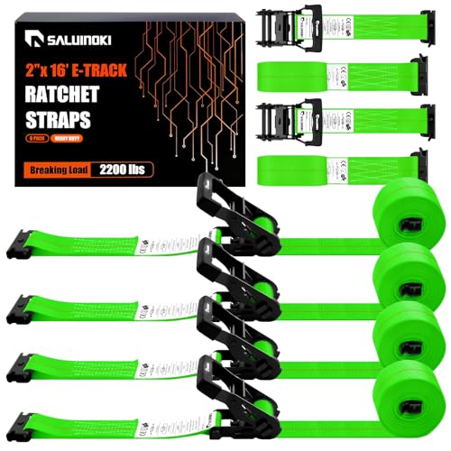 SALUINOKI 6 Pack E-Track Ratchet Straps 2 x 16ft Heavy Duty Box Truck Cargo Strap Etrack Accessories 2200lbs Working Load for Trailer Green