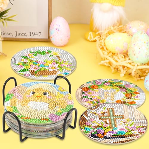 UPINS 8 Pieces Easter Diamond Art Coasters,Bunnies Diamond Art Coaster for Adults Diamond Kits Supplies for Spring Easter Gift