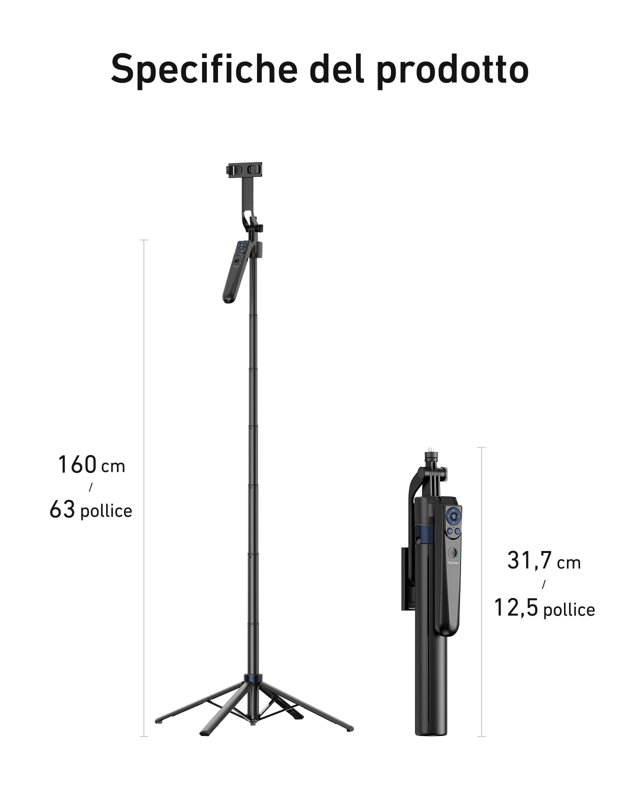 TELESIN 160CM Automatico Volto Tracciamento Treppiede, 360° Rotazione Selfie Stick Treppiede con Telecomando e Gestuale, Senza App, Compatibile con Phones/Action Camera/Cameras per Vlog/Video/Stream