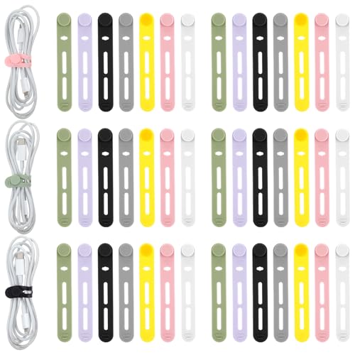 JIYIN 42 bridas de silicona reutilizables, correas ajustables, organizador de cables elástico multiusos para agrupar cables de carga, auriculares, cables de computadora, bridas multicolor para el