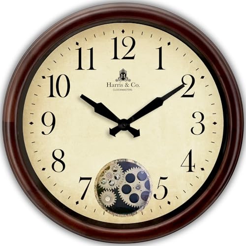 Image of HARRIS & CO. CLOCKMASTERS Luxe Edition Premium Luxury Wooden Wall Clock with Thick Wooden Frame & Moving Gears,Silent Sweep Noiseless Technology,(Size Large - 17 Inch),Model - SOHO
