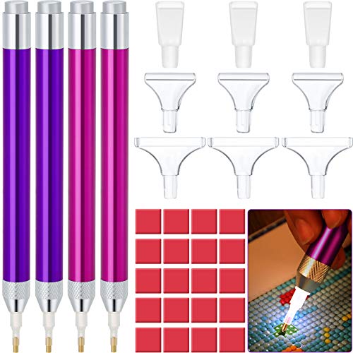 4 Pieces Led Diamond Painting Drill Pen 5D Diamond Painting Lighted Pen Diamond Painting Accessories With 20 Pieces Painting Glue Clay, 9 Pieces Pen Heads For Painting Craft (Purple, Rose Red) #TOP22