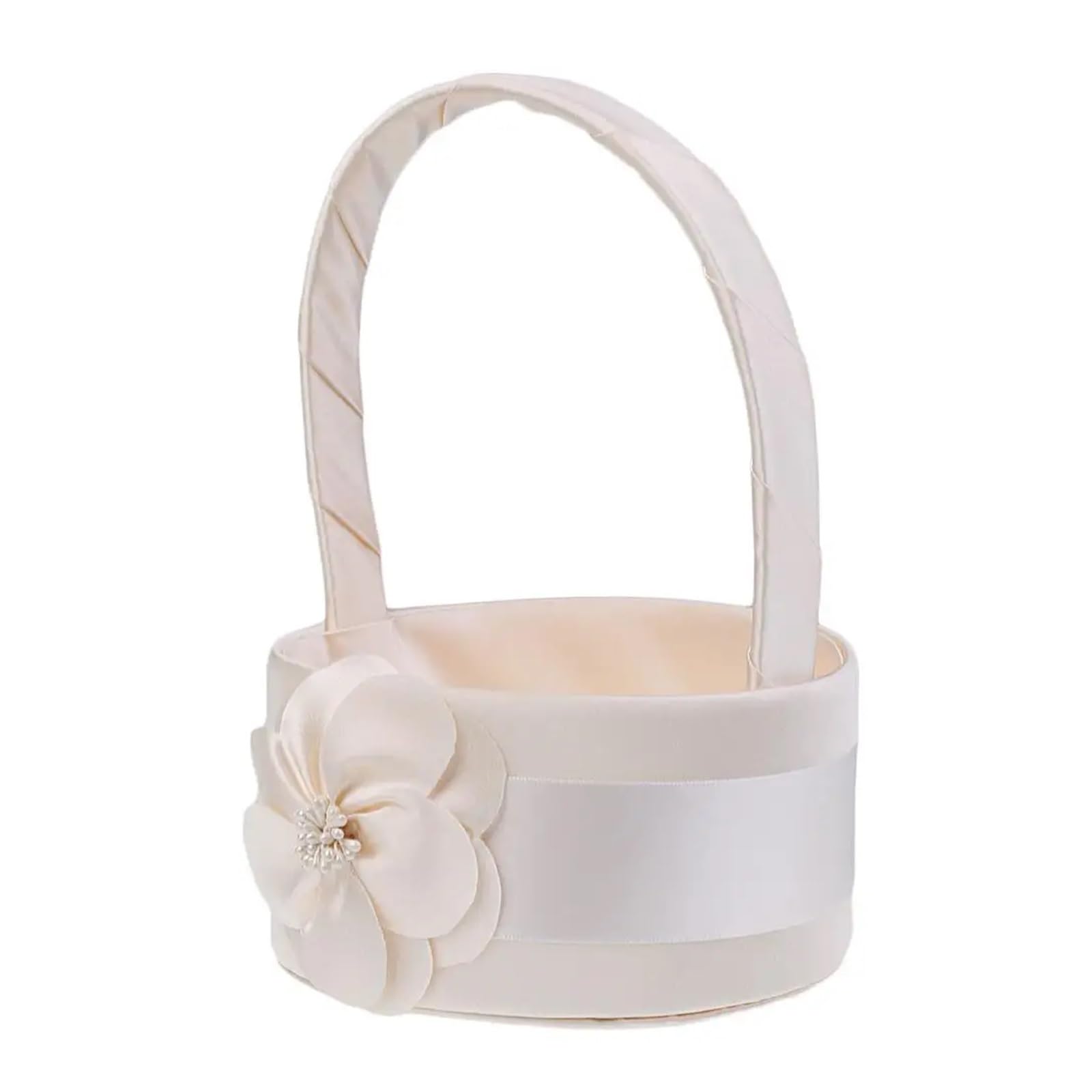 Hamper Basket Champagne Silky Satin Flower Design Round Flower Girl Basket Bridal Bridesmaid Basket Wedding Party Petals Decoration(Champagne)