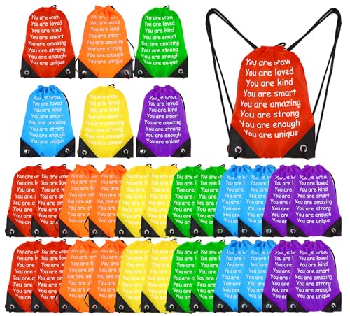 Whaline 36Pcs Back to School Gift Bag 10 x 7 Inch Inspirational Quote Drawstring Backpack Rainbow Candy Goodie Bag for First Day of School Classroom Favors Supplies