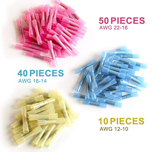 Airic Heat Shrink Wire Connectors Waterproof 100Pcs Marine Automotive Electrical Crimp Insulated Connectors 22-16Awg 16-14 Gauge 12-10 Awg Butt Splice Terminal Connectors Kit #TOP4
