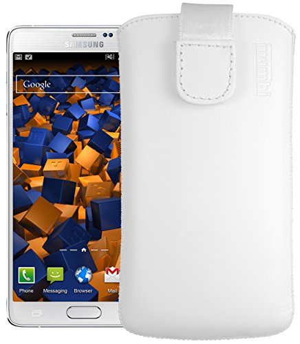 mumbi Bolso de Cuero Real Compatible con Samsung Galaxy Note 4, (Pestaña con función de retracción, Auxiliar de extracción), Blanco