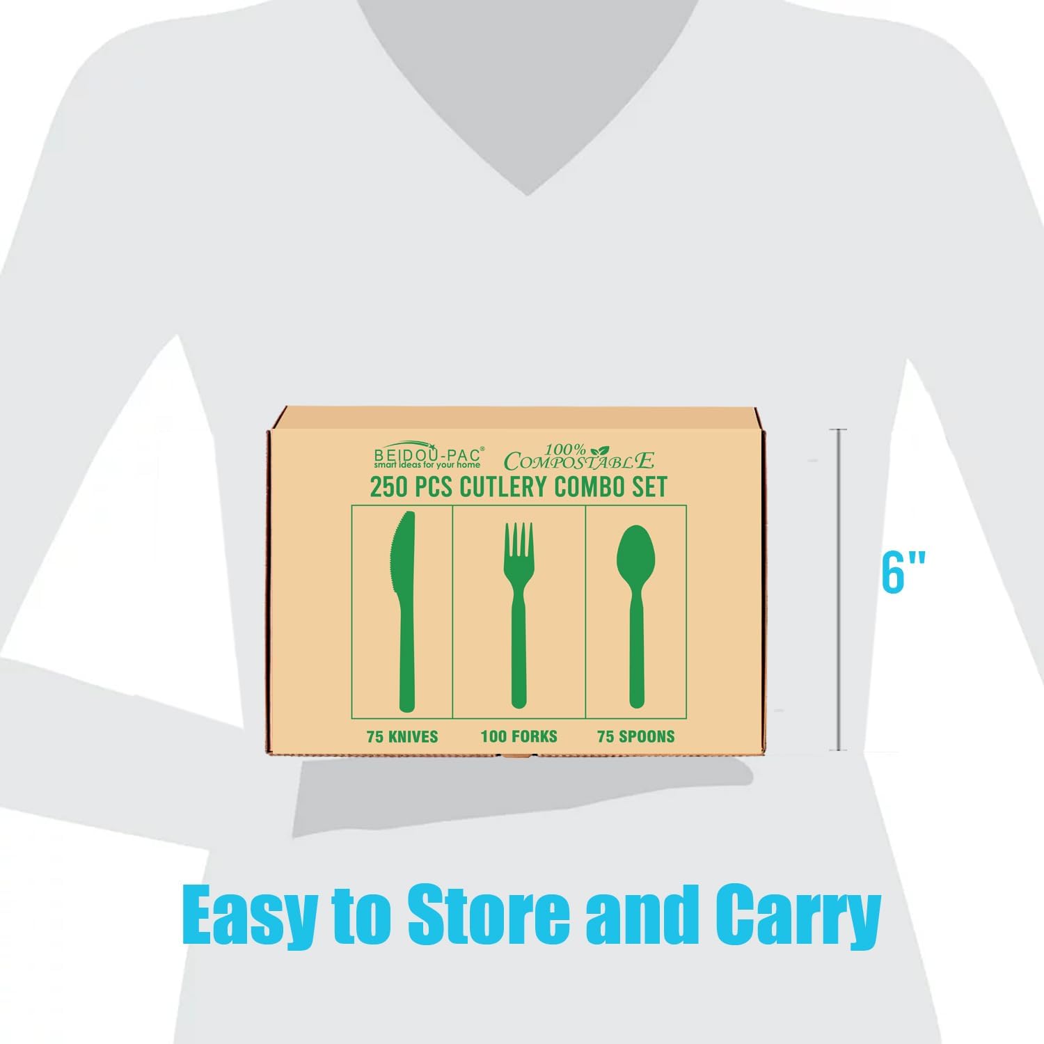 250 Count Compostable Disposable Non Plastic Silverware, Heavy Duty Biodegradable Forks Spoons Knives Cutlery Set, Eco Friendly Recyclable Flatware Utensils for Party Wedding Daily Use - Image 8