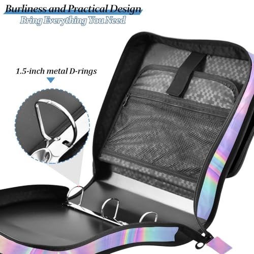 Image of Holographic Neon Pattern Iridescent Zipper Binder Bag 3 Ring Binder with Shoulder Strap Zip Up 500 Sheets Capacity Multi Pockets for School Office Supplies