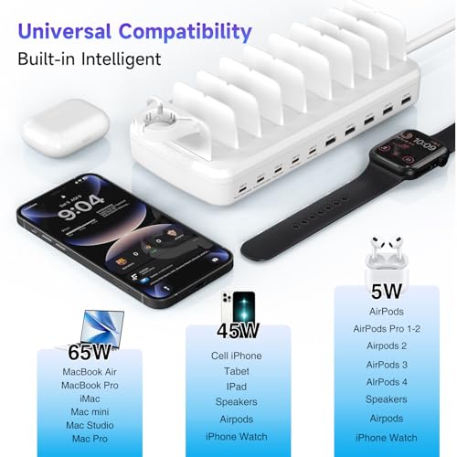 Image of 320W Charging Station for Multiple Devices, 10 Ports Fast Multi-Device Charger Organizer Compatible with MacBook Pro Laptop, iPhone, Android, Ipad, Tablet, Kindle, Family Multi-Device Charging Dock