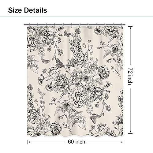 Ufeela Boho Floral Shower Curtain, Vintage Rose Flower Shower Curtain, Retro Black ,Botanical Bath Curtain, Aesthetic Beige Bathroom Accessories Decor For Women Girls 60Wx72L #TOP2