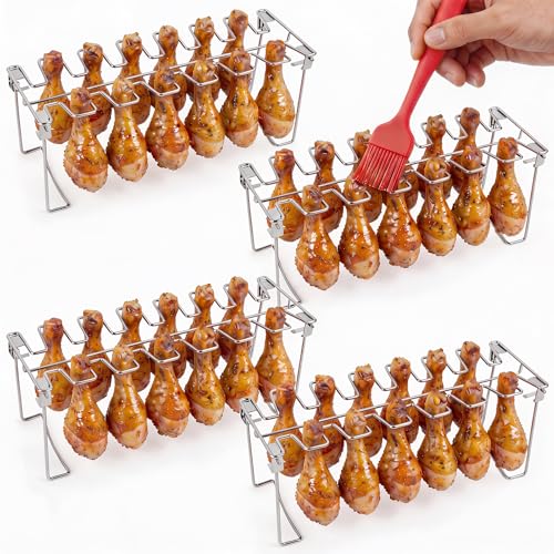 Supkiir 4 Pcs Chicken Leg Rack for Grill, 14 Slots Chicken Drumsticks Holder with 1 Silicone Brush, Stainless Steel Chicken Leg Rack for Smoker, Oven, Charcoal and Outdoor BBQs