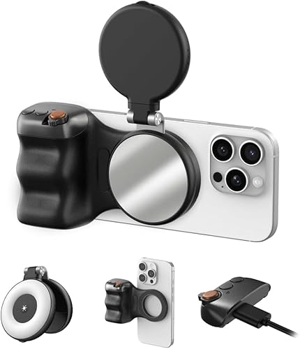 Saker Fun Shot Magnetic Grip & Magnetic Selfie Light, 2026 Creator Kit with Wireless Shutter, 360° Adjustable Led Light, Magnetic Mount, Tripod Mount, with iPhone Magsafe&Android Smartphones ﻿ (Black)