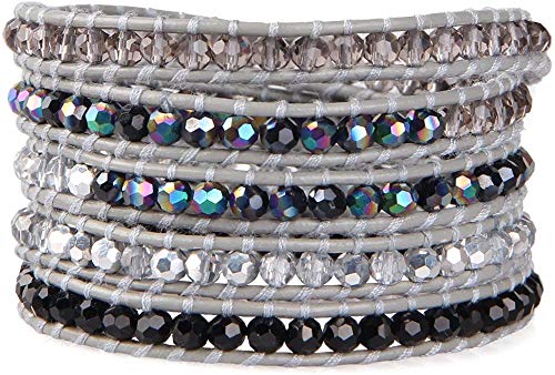 Crystal Gray Beaded 5 Wrap Bracelet On Lvory Leather Handmade Jewelry-Black