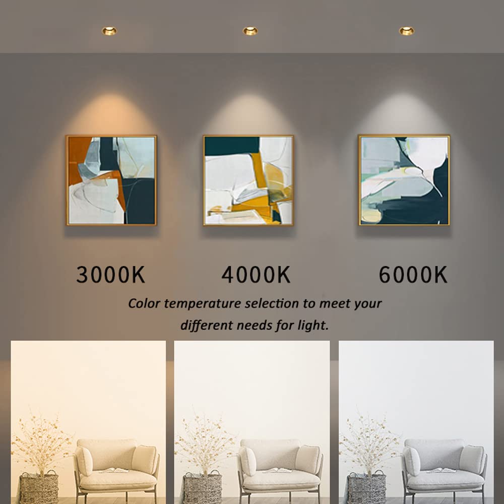 Focos empotrados giratorios sin Carcasa de 3 Pulgadas, Paquete de 4, Panel de latón, luz Blanca cálida para Interiores, 7 W, 9 W, 12 W.
