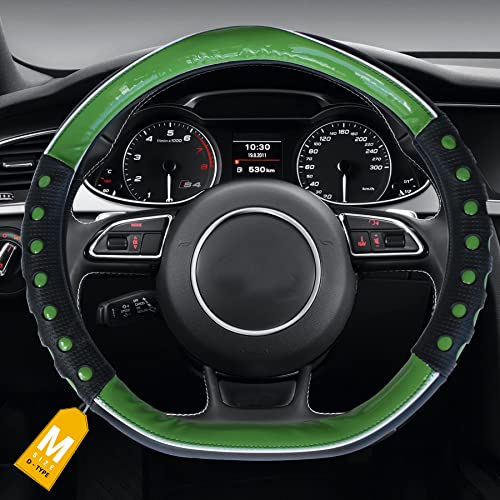 Image of NIKAVI Fashion Steering Wheel Cover - Green Color | Size - Medium | Diameter 38 cm | D-Type | Car Steering Wheel Protector, Anti-Slip, Stylish Leather Finish Grip Cover for Flat Bottom Wheels